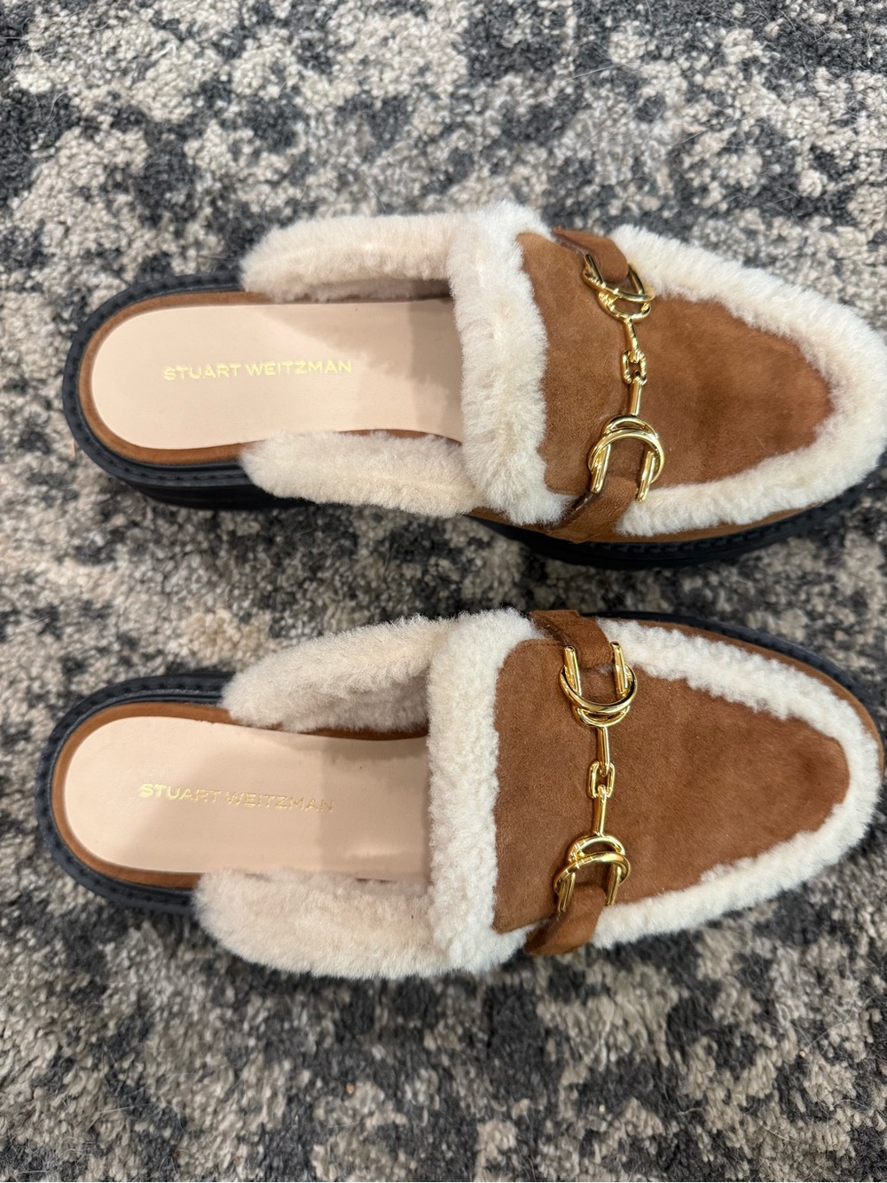 NEW Stuart Weitzman Shearling Horsebit Mule Loafers | Camel Suede | US 5.5